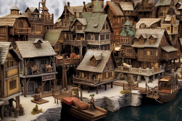 Photo there are many wooden buildings that are on the shore of the water generative ai