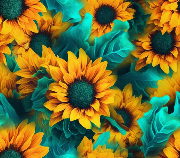 There are many yellow and blue flowers that are in a field generative ai