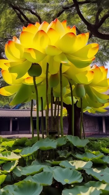 There are many yellow flowers growing in a garden with green leaves generative ai