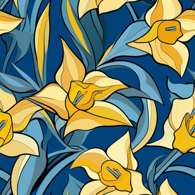 There are many yellow flowers that are on a blue background generative ai