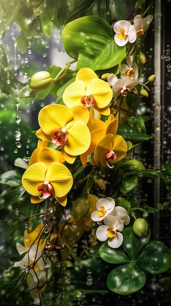 There are many yellow flowers that are growing in the rain generative ai