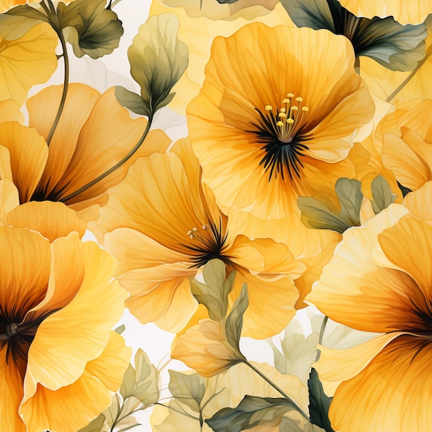 there are many yellow flowers that are on a white background generative ai