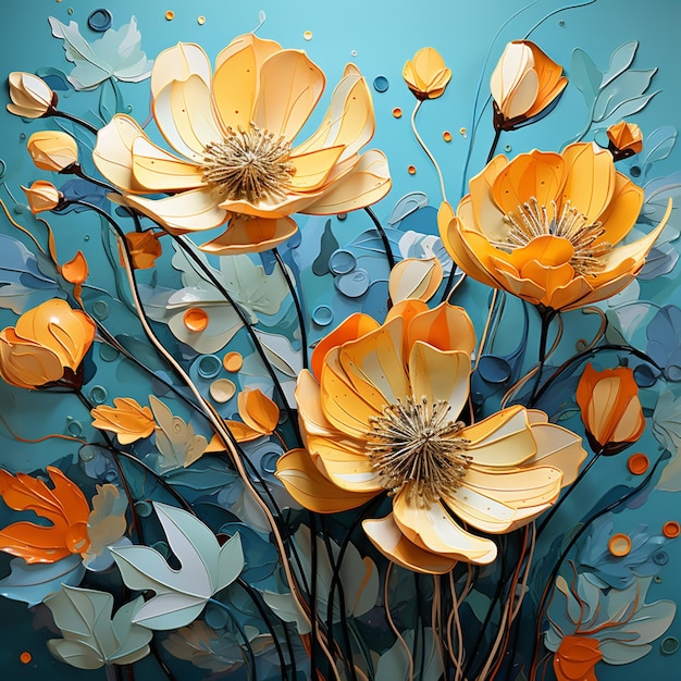 There are many yellow flowers in a vase on a blue background generative ai