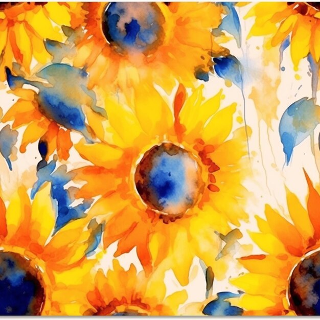 There are many yellow sunflowers painted on a white background generative ai