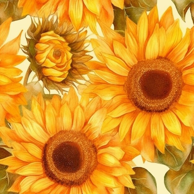 There are many yellow sunflowers that are on a white surface generative ai