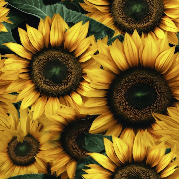 there are many yellow sunflowers with green leaves on them generative ai