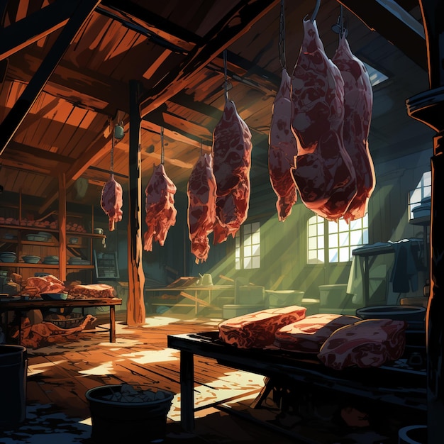 Photo there are meat hanging from the ceiling of a large room generative ai