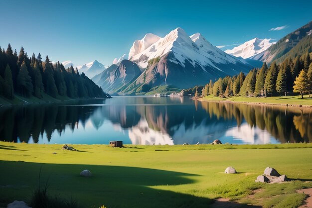 青い空の下に山と澄んだ湖の水があります美しい風景の壁紙の背景