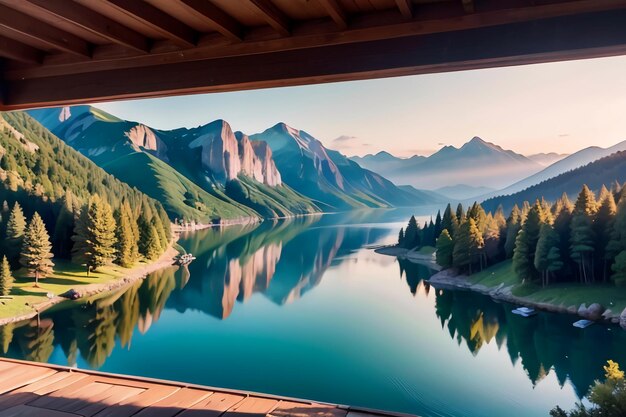 Есть горы и чистая вода озера под голубым небом красивый пейзаж обои фон