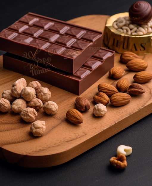 There are nuts and chocolate on a wooden board with a bowl of nuts generative ai