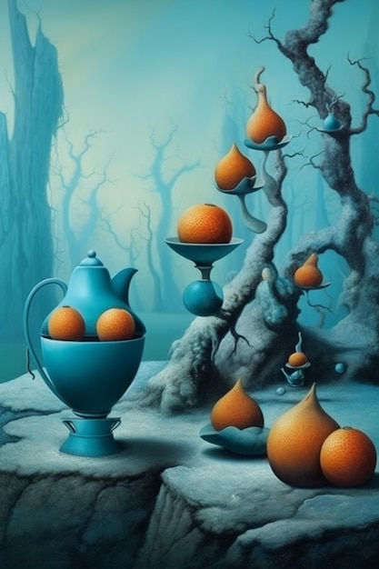 Photo there are oranges in a blue vase and a blue vase with a tree generative ai