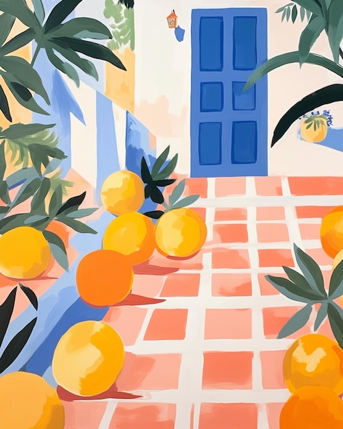 Photo there are oranges and lemons on the ground in front of a blue door generative ai