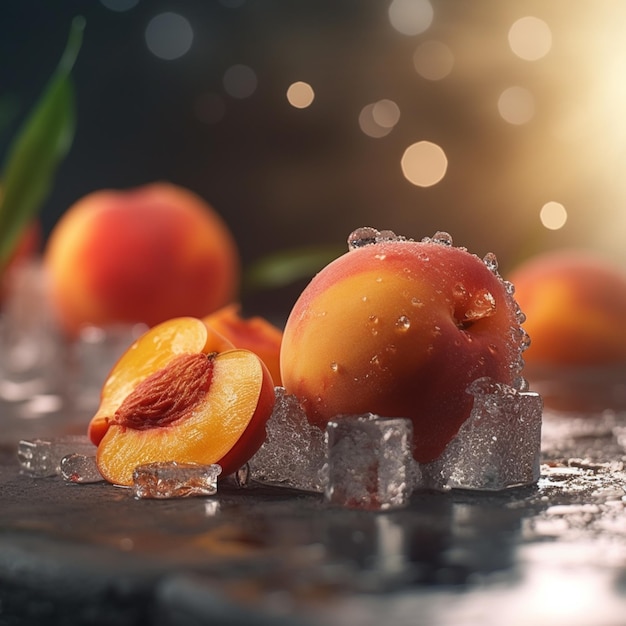 There are peaches that are frozen in ice on a table generative ai