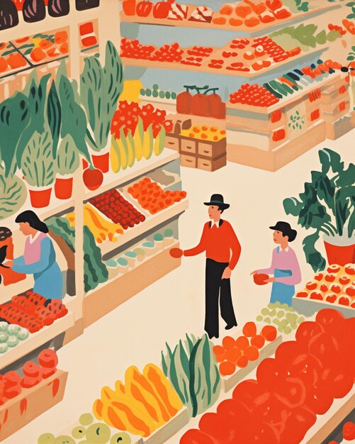 there are people shopping in a grocery store with vegetables generative ai