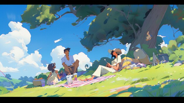 There are people sitting on the grass under a tree generative ai