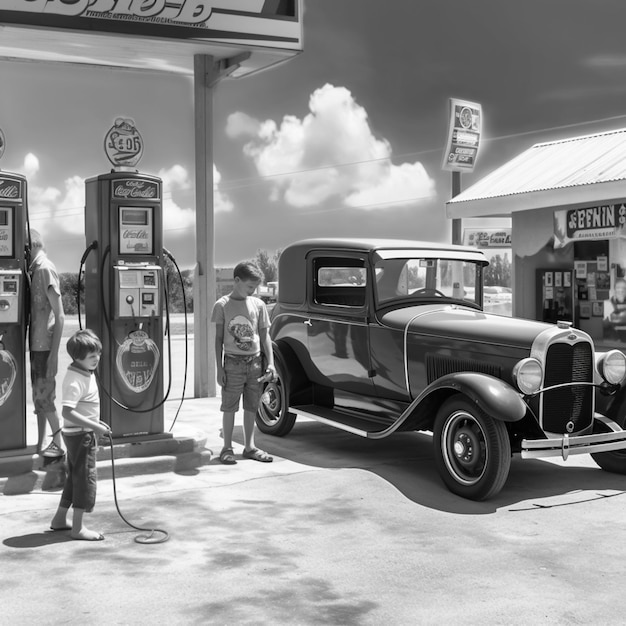 Фото Люди стоят вокруг старинной машины на заправочной станции.