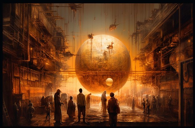There are people standing in a large city with a giant sphere generative ai