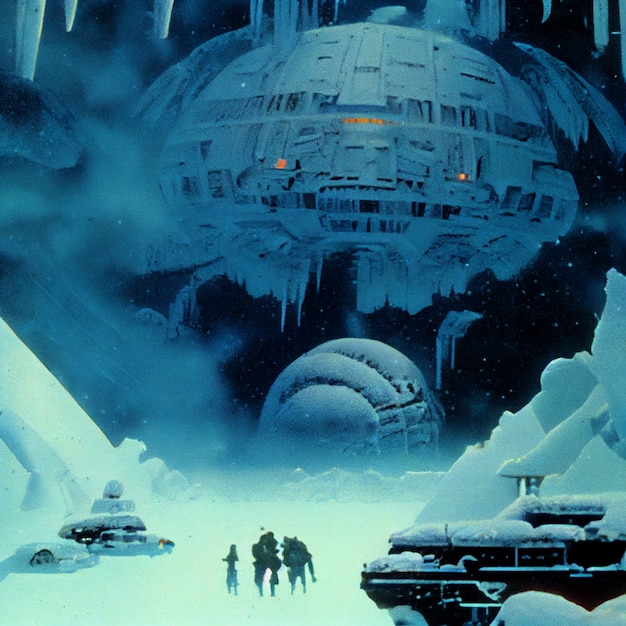 巨大な宇宙船の近くで雪の中を歩いている人々がいます 生成AI