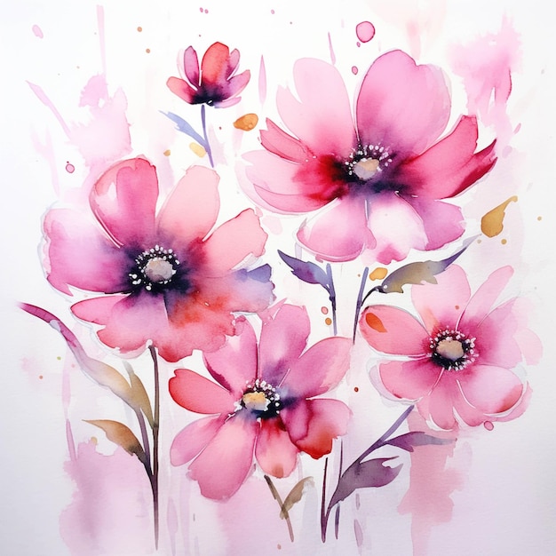 There are pink flowers painted on a white background with watercolor generative ai