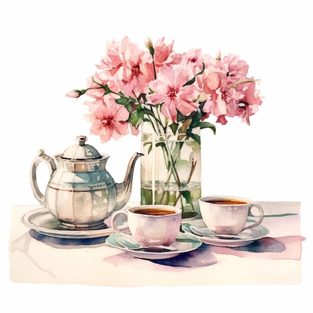 В вазе розовые цветы и две чашки кофе.