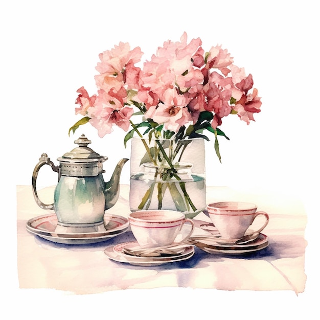 There are pink flowers in a vase and two cups on a table generative ai