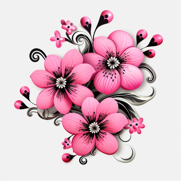 there are pink flowers with black and white swirls on a white background generative ai