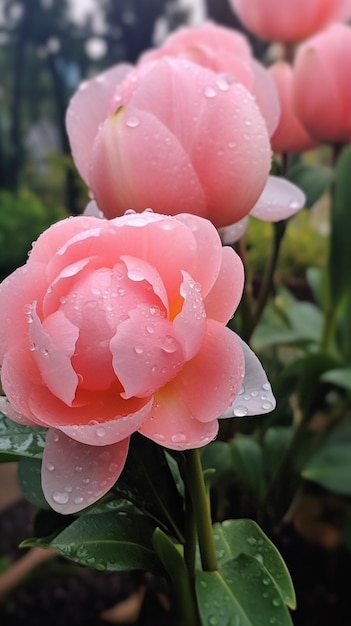 there are pink flowers with water droplets on them in the garden generative ai