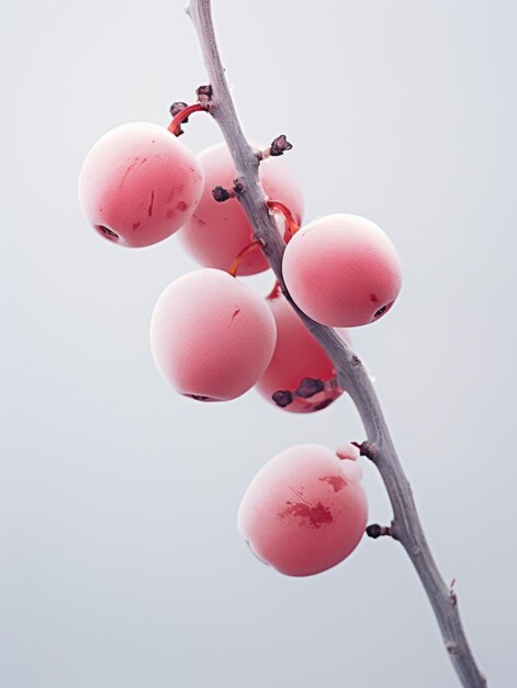 Foto ci sono frutti rosa su un ramo con uno sfondo celeste generativo ai