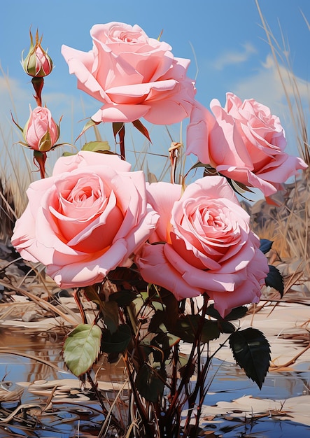 Foto ci sono rose rosa in un vaso sulla spiaggia generativo ai