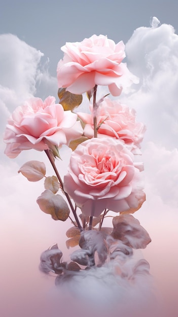 there are pink roses in a vase on a table generative ai