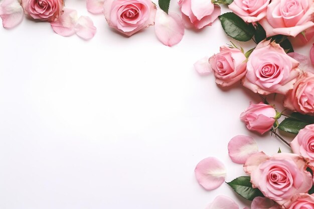 There are pink roses on a white background with petals generative ai