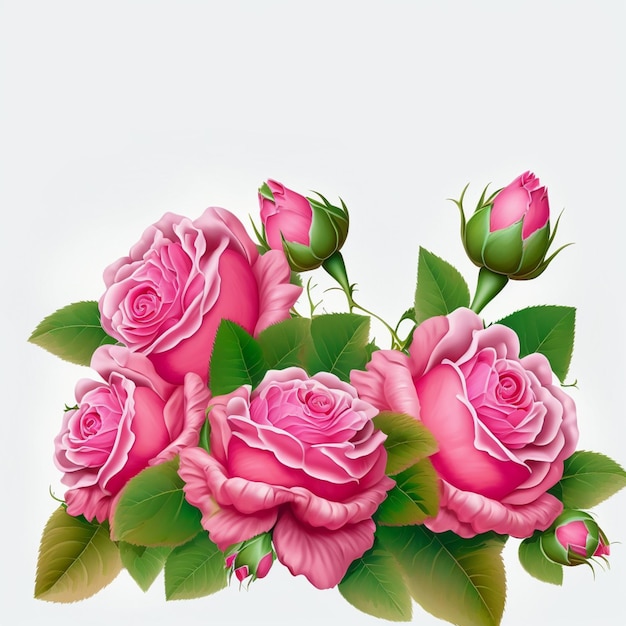 there are pink roses with green leaves on a white background generative ai