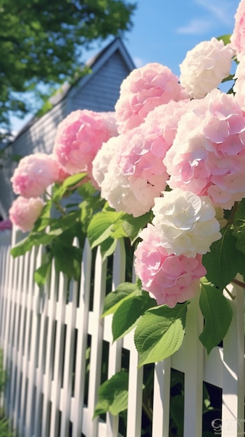 there are pink and white flowers growing on a white picket generative ai