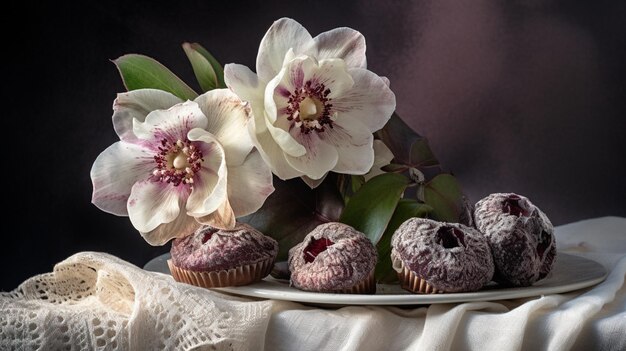 Foto c'è un piatto di cupcakes e fiori su un tavolo generativo ai