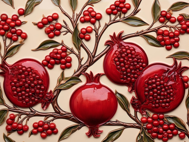 there are pomegranates on the wall with leaves and berries generative ai