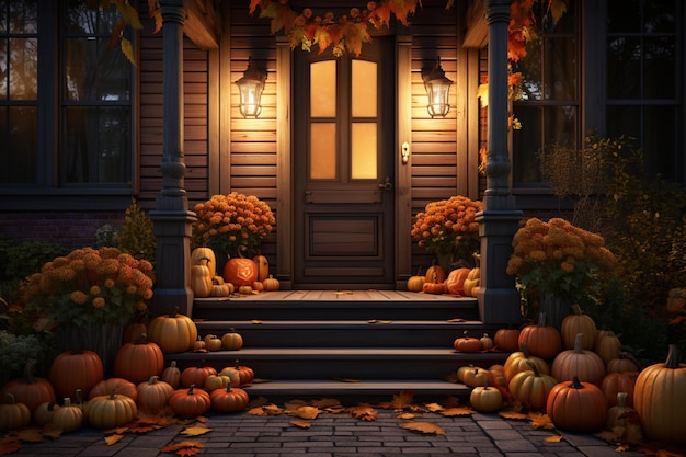 there are pumpkins and gourds on the steps of a house generative ai