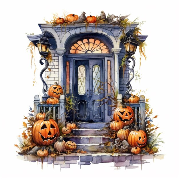 There are pumpkins and jack o lanterns on the steps of a house generative ai