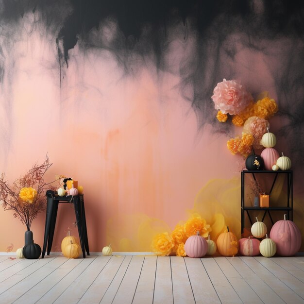 Photo there are pumpkins and other decorations on a shelf in front of a wall generative ai