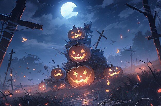 there are pumpkins sitting on a pile of logs in the woods generativ ai