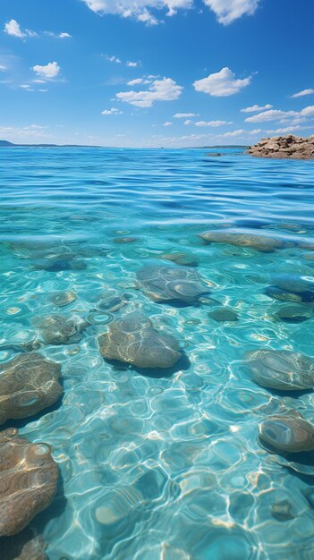 There are rocks in the water and a boat in the distance generative ai