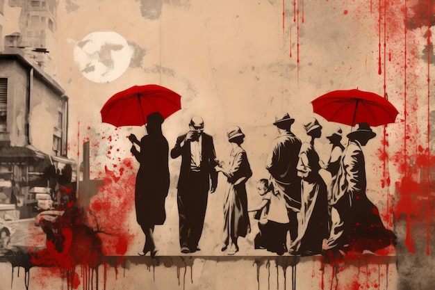 There are several men and women with red umbrellas in the background in the style of noir comic art Generative AI