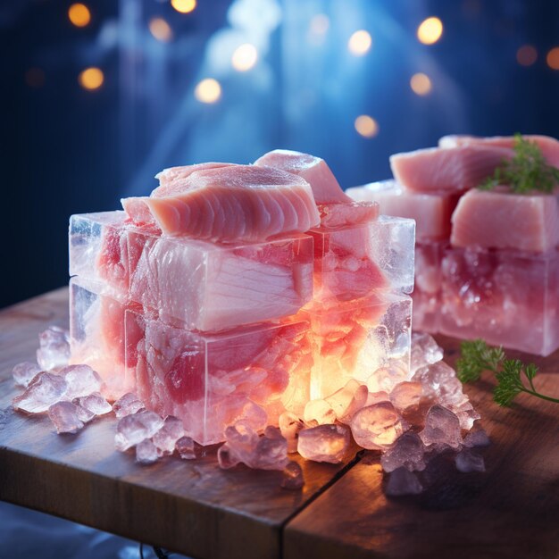 Foto ci sono diversi pezzi di carne sul ghiaccio su un tavolo generativo ai