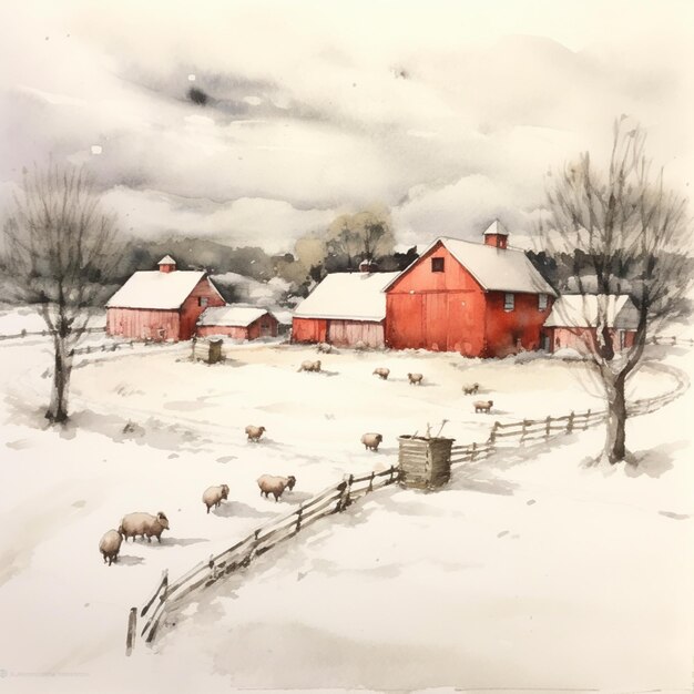 There are sheep grazing in the snow near a red barn generative ai