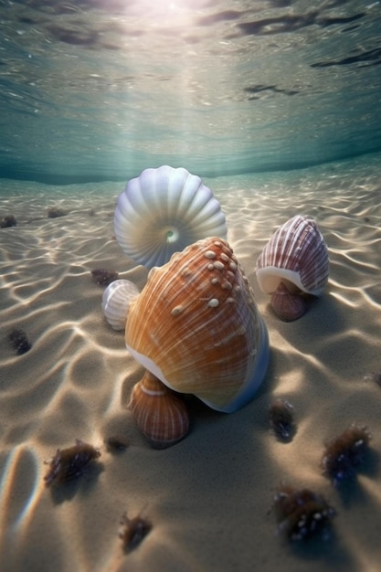 There are shells on the sand under the water generative ai