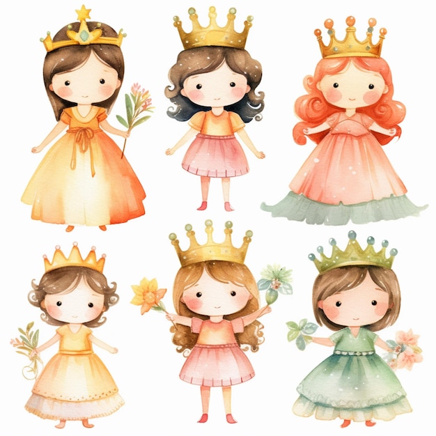 Фото Есть шесть маленьких принцесс в разных платьях и коронах.
