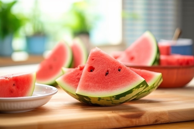 there are slices of watermelon on a cutting board with a bowl of watermelon generative ai
