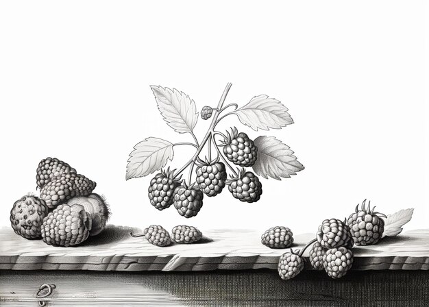 Photo there are some blackberries on a table with leaves and a branch generative ai