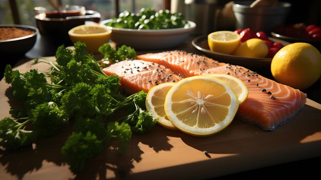 there are some fish and lemons on a cutting board Generative AI