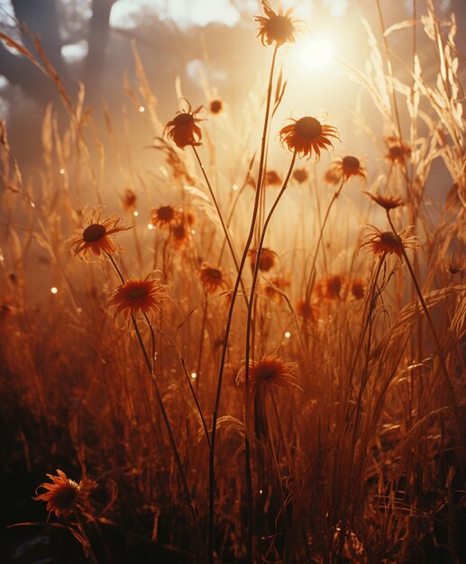 There are some flowers that are in the grass at sunset generative ai