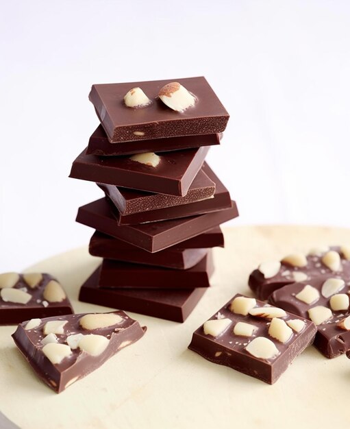 There are a stack of chocolate pieces on a plate with nuts generative ai